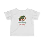 White Grandma's Little Elf baby t-shirt with a green elf hat and holly, front view
