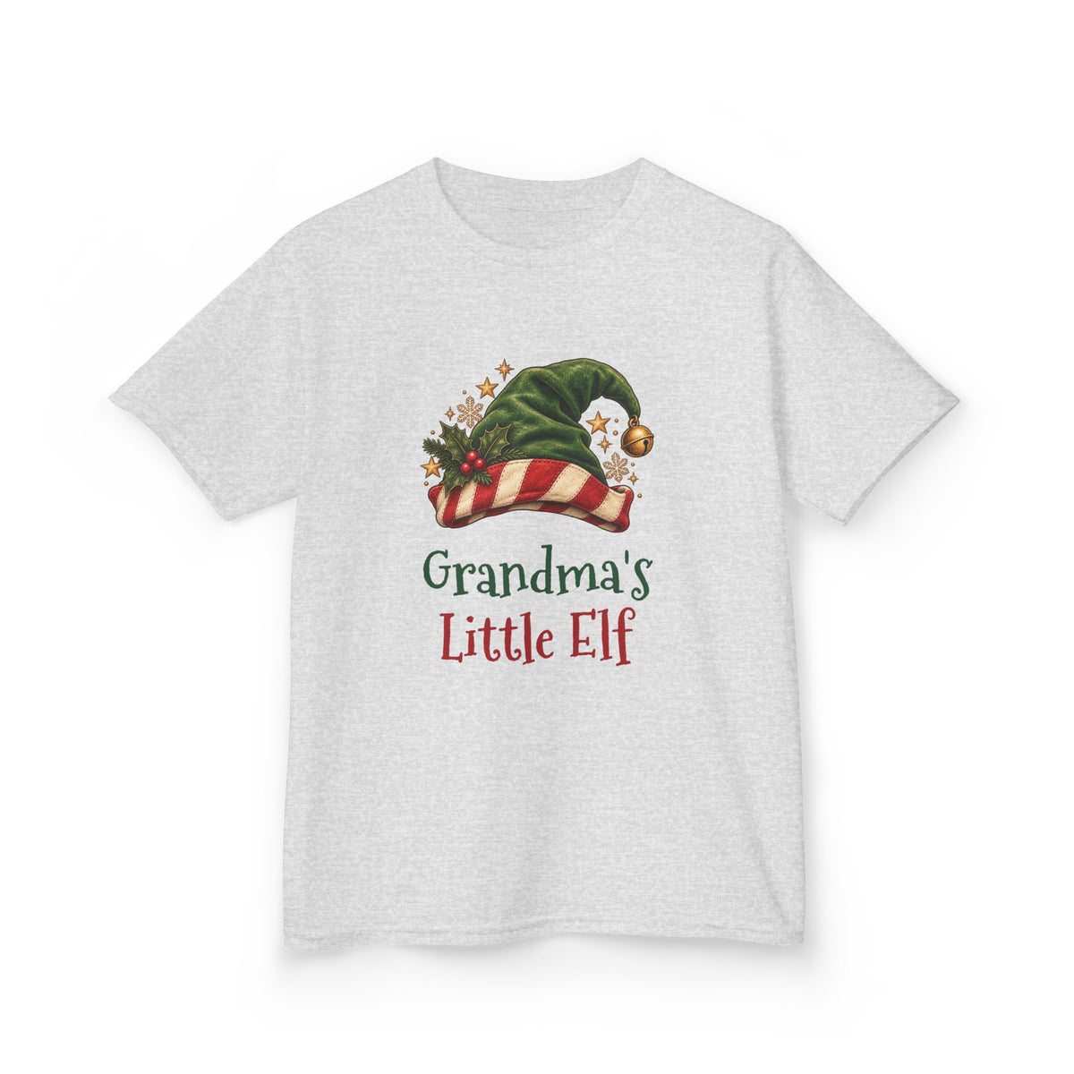 Ash Grandma's Little Elf kids t-shirt with a green elf hat and holly, front view