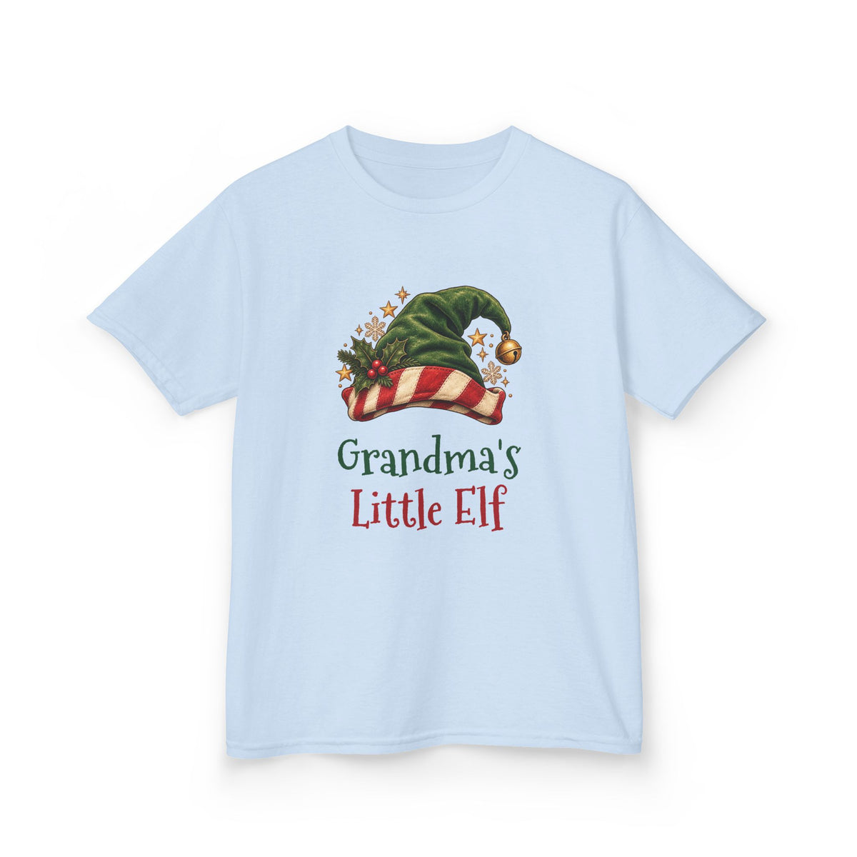 Light Blue Grandma's Little Elf kids t-shirt with a green elf hat and holly, front view