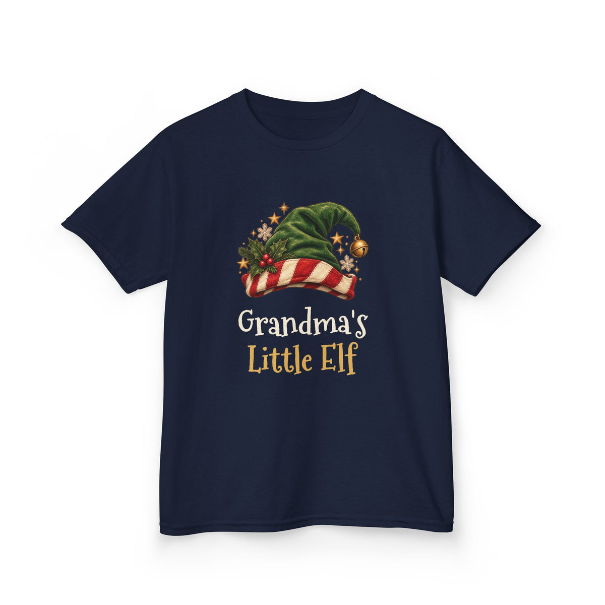 Navy Grandma's Little Elf kids t-shirt with a green elf hat and holly, front view