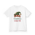 White Grandma's Little Elf kids t-shirt with a green elf hat and holly, front view
