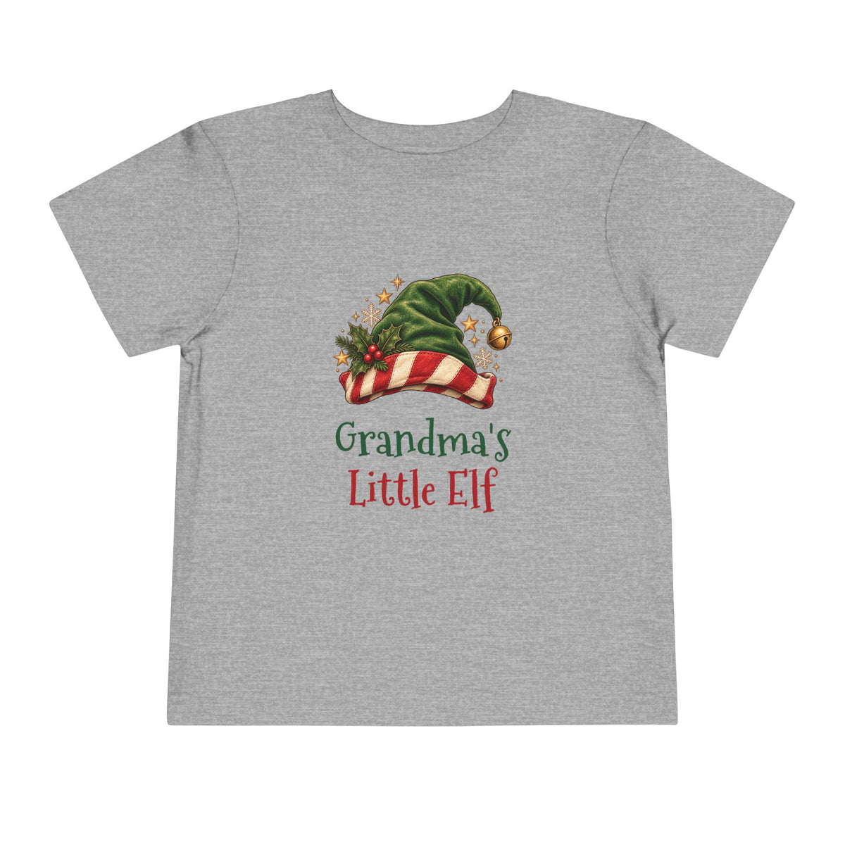 Athletic Heather Grandma's Little Elf toddler t-shirt with a green elf hat and holly, front view