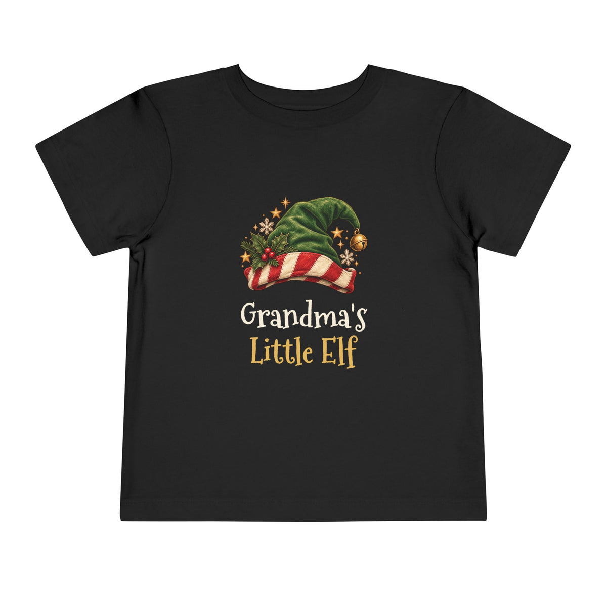 Black Grandma's Little Elf toddler t-shirt with a green elf hat and holly, front view