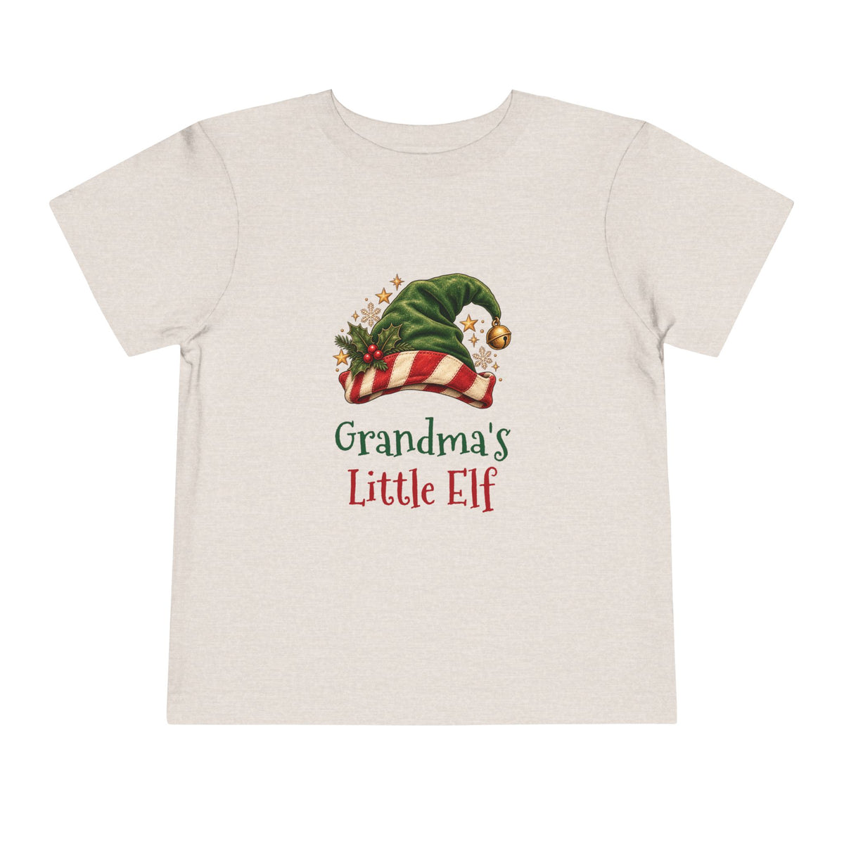 Heather Dust Grandma's Little Elf toddler t-shirt with a green elf hat and holly, front view