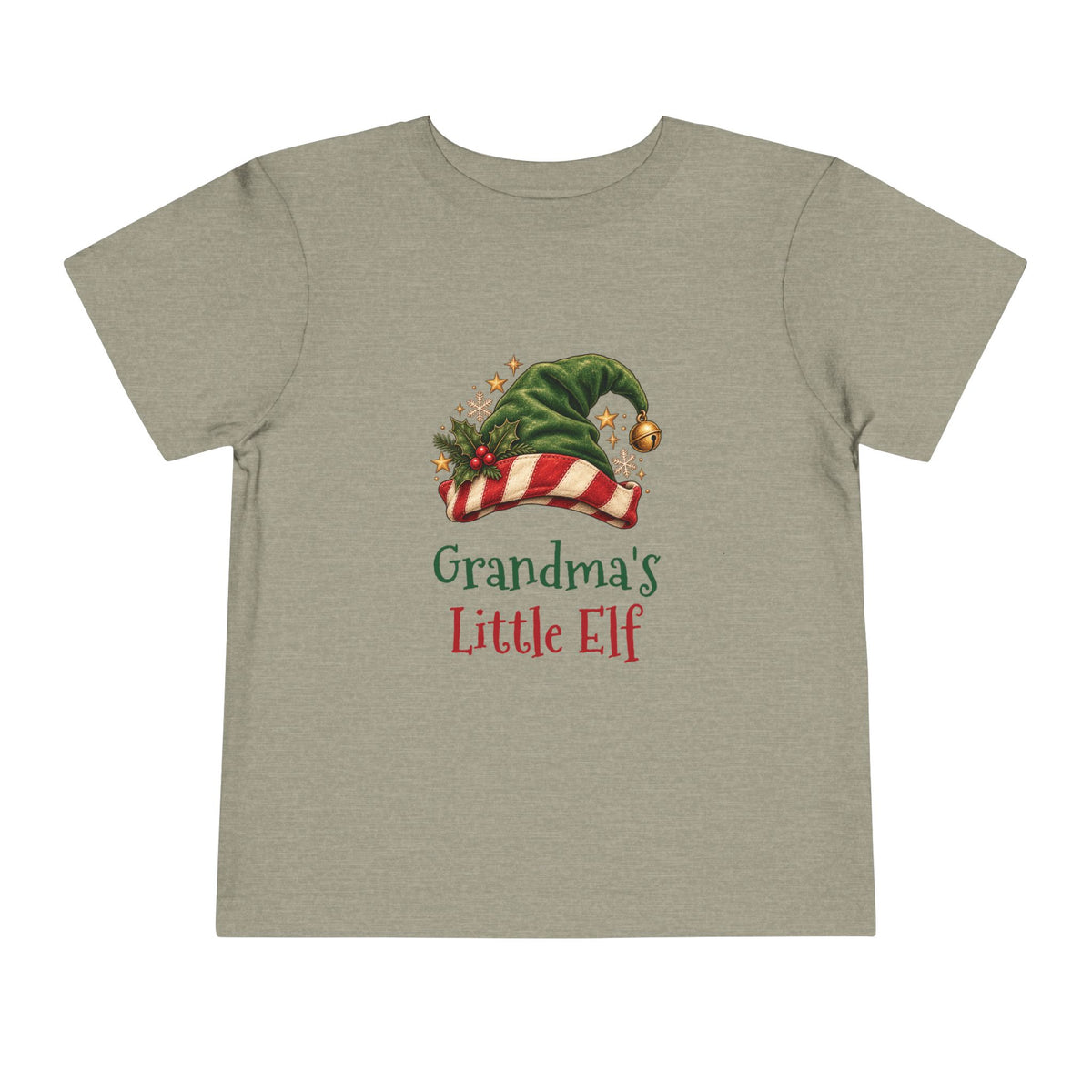 Heather Stone Grandma's Little Elf toddler t-shirt with a green elf hat and holly, front view