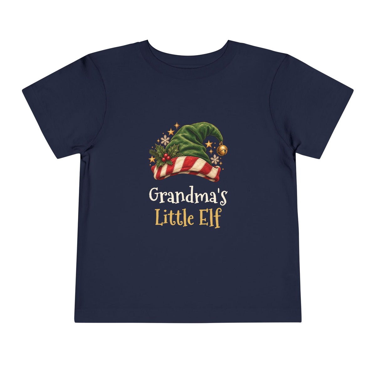 Navy Grandma's Little Elf toddler t-shirt with a green elf hat and holly, front view