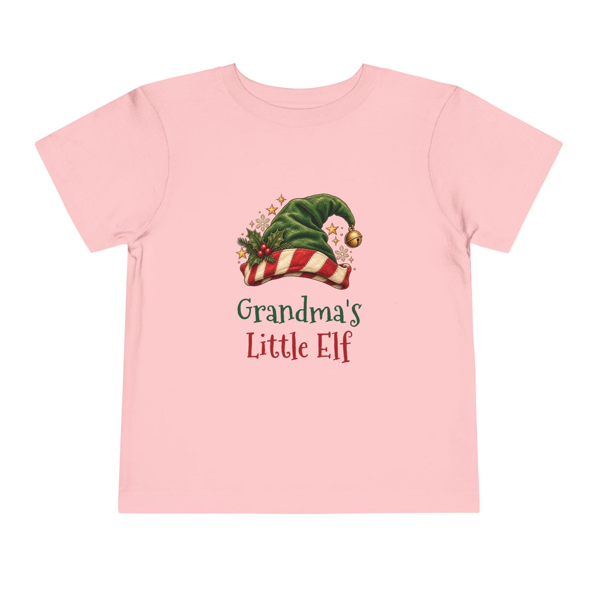 Pink Grandma's Little Elf toddler t-shirt with a green elf hat and holly, front view