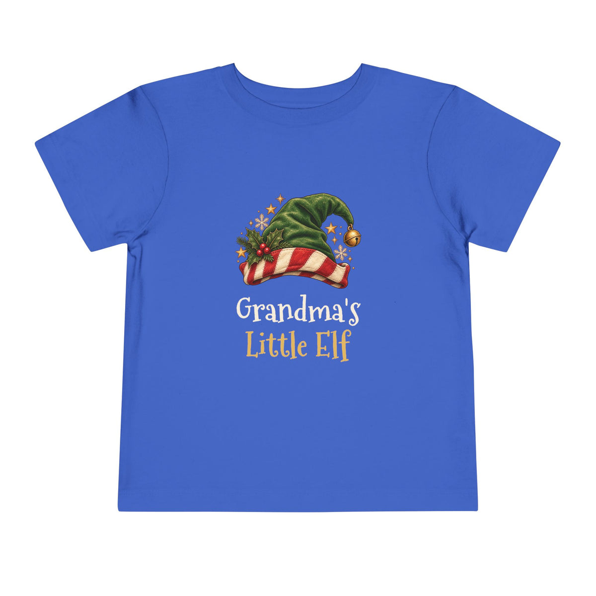 True Royal Grandma's Little Elf toddler t-shirt with a green elf hat and holly, front view