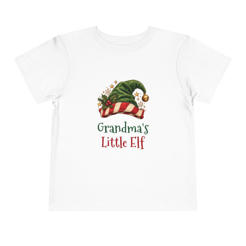 White Grandma's Little Elf toddler t-shirt with a green elf hat and holly, front view