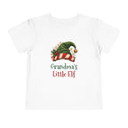 White Grandma's Little Elf toddler t-shirt with a green elf hat and holly, front view