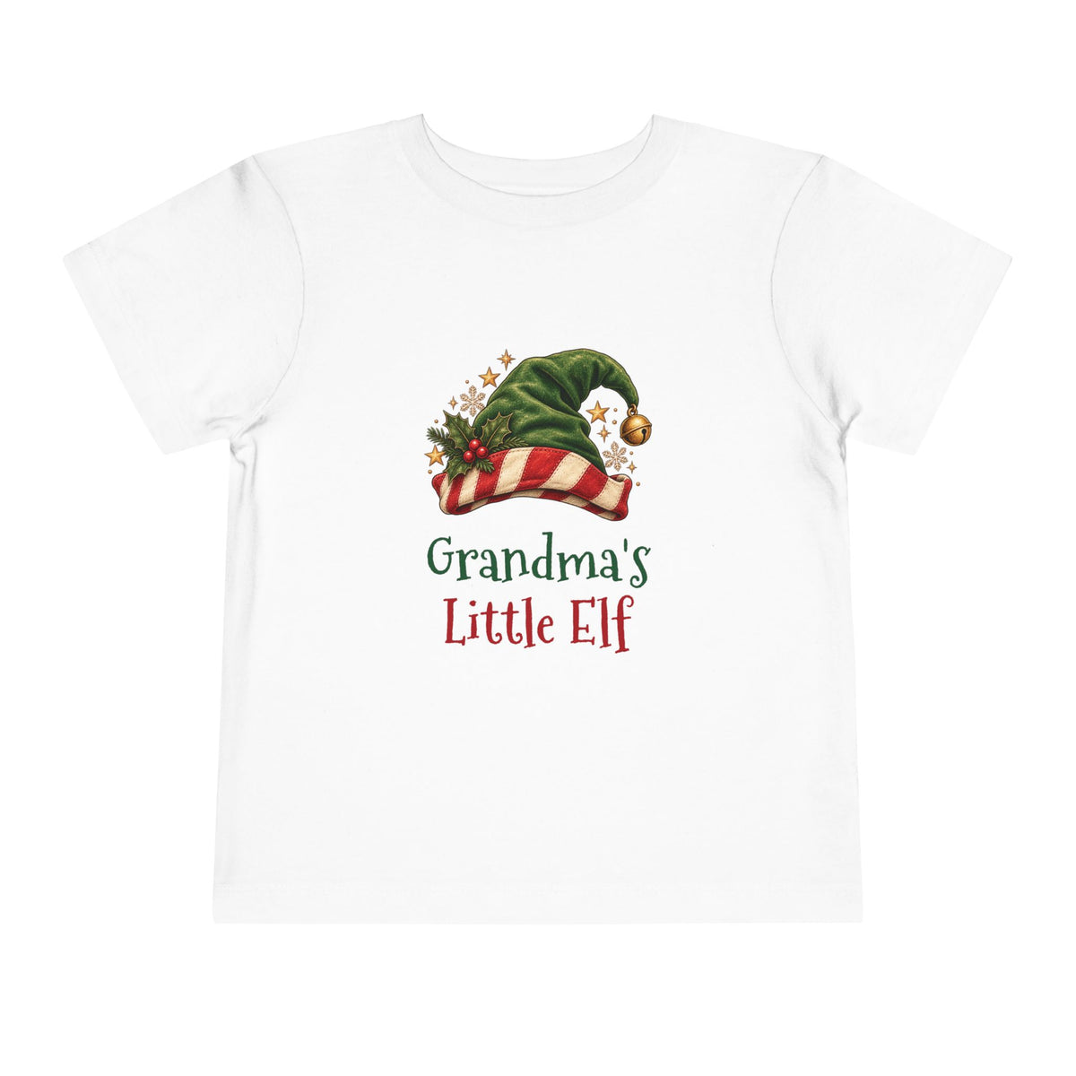 White Grandma's Little Elf toddler t-shirt with a green elf hat and holly, front view