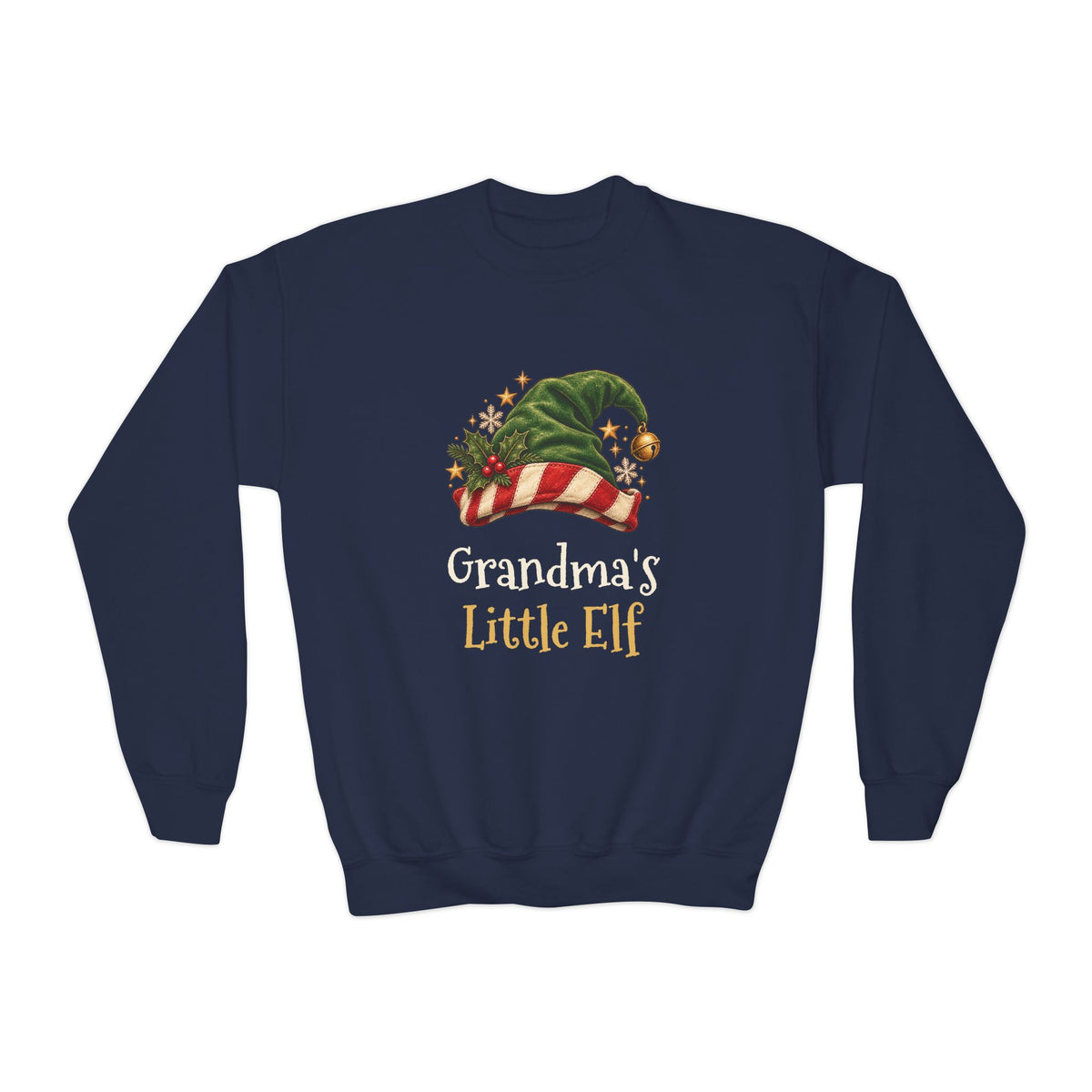 Navy Grandma's Little Elf youth sweatshirt with a green elf hat and holly, front view
