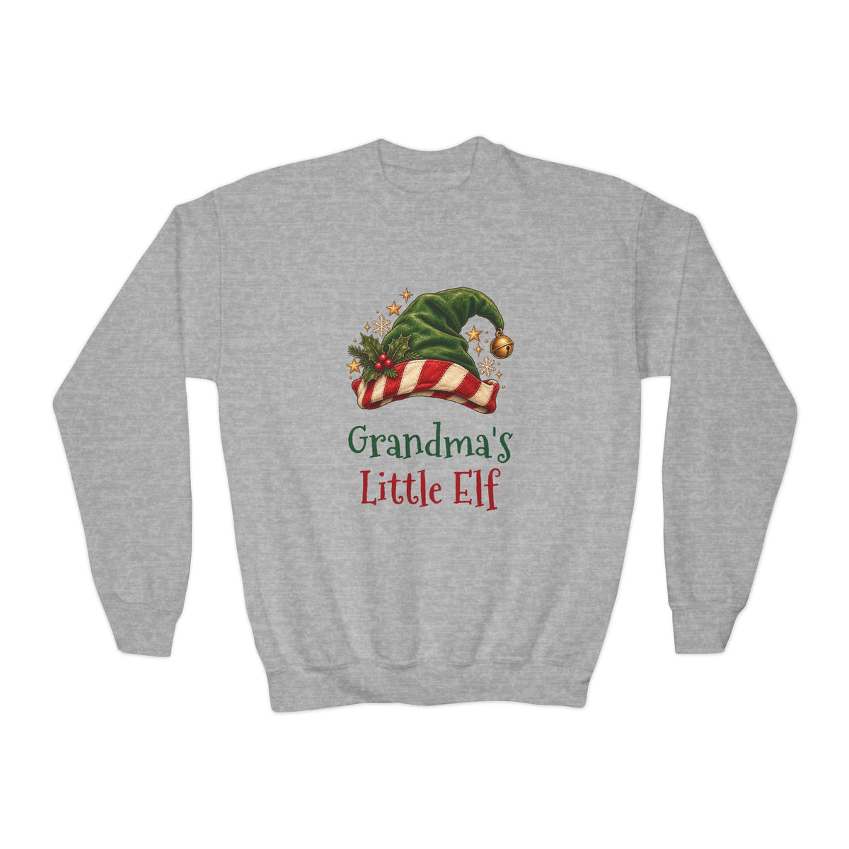 Sport Grey Grandma's Little Elf youth sweatshirt with a green elf hat and holly, front view
