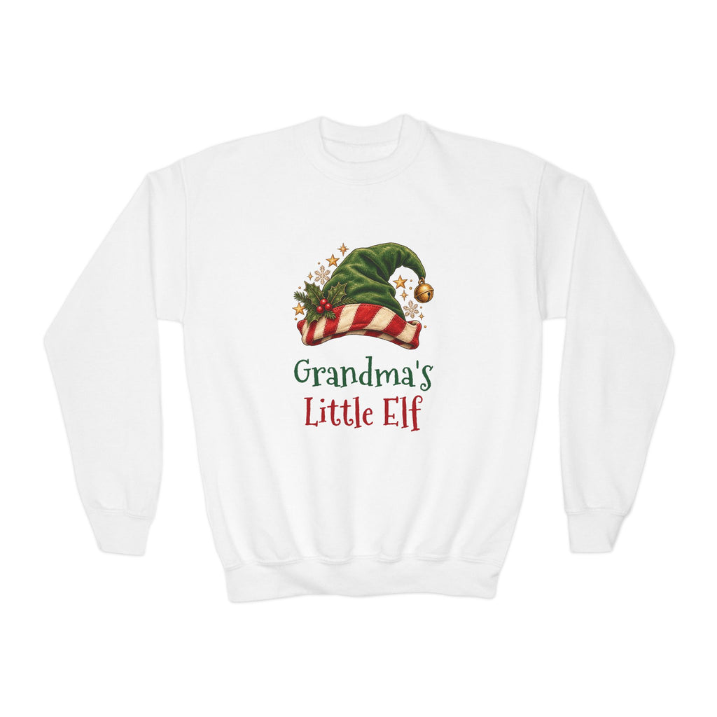 White Grandma's Little Elf youth sweatshirt with a green elf hat and holly, front view