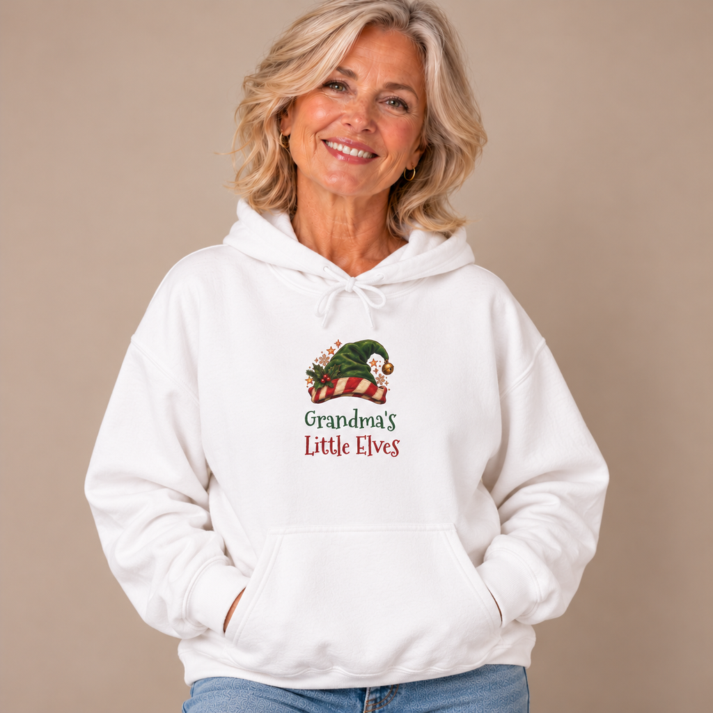 Grandmother wearing the White Grandma's Little Elves Hoodie with jeans