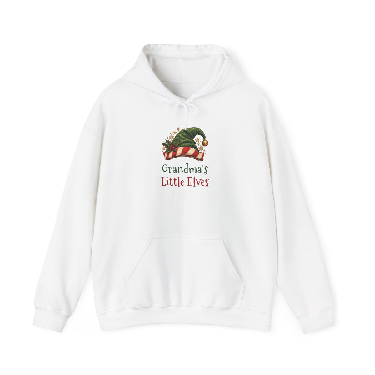 White Grandma's Little Elves hoodie with a green elf hat and holly, front view