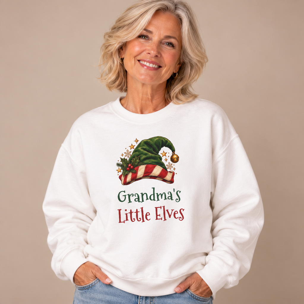 Grandmother wearing the White Grandma's Little Elves Sweatshirt with jeans