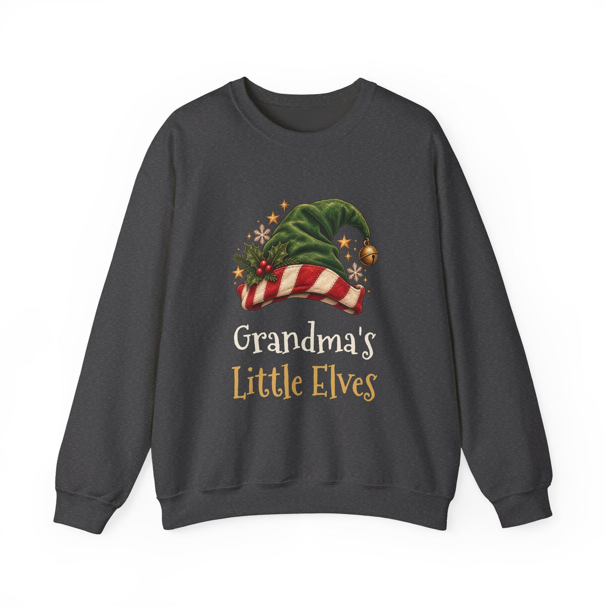 Dark Heather Grandma's Little Elves sweatshirt with a green elf hat and holly, front view