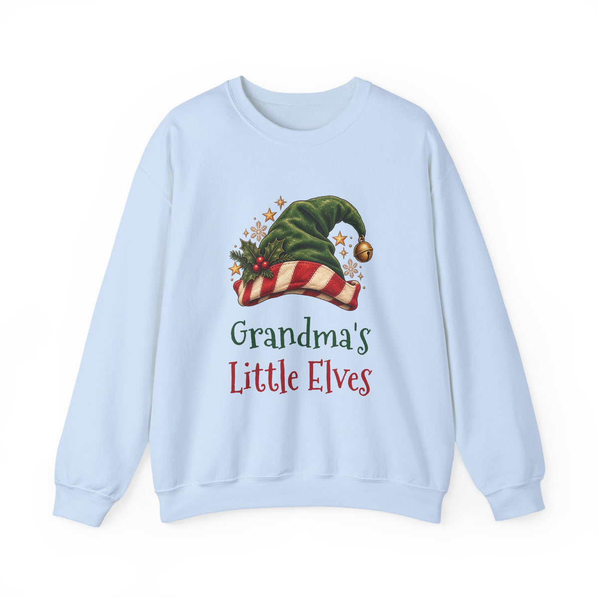 Light Blue Grandma's Little Elves sweatshirt with a green elf hat and holly, front view