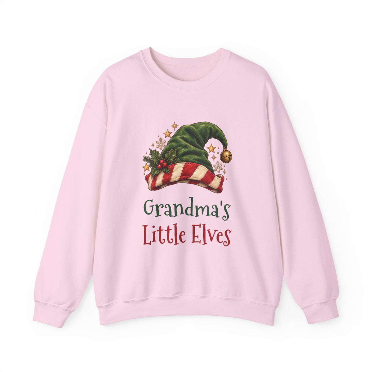 Light Pink Grandma's Little Elves sweatshirt with a green elf hat and holly, front view