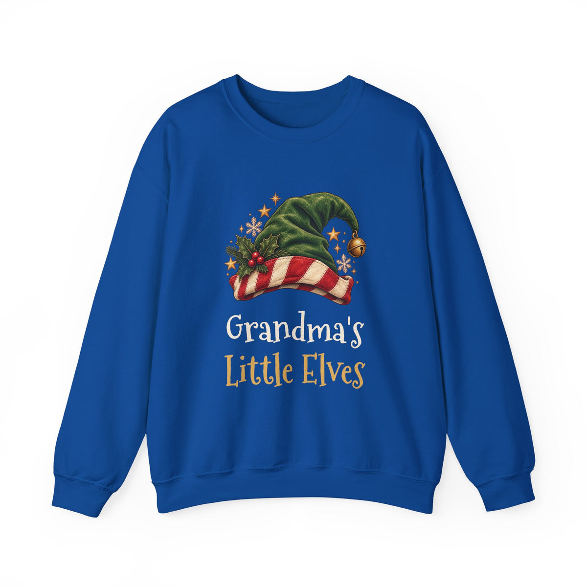 Royal Grandma's Little Elves sweatshirt with a green elf hat and holly, front view