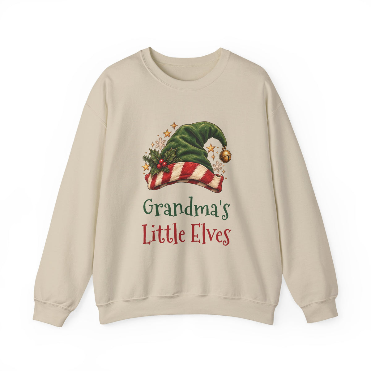 Sand Grandma's Little Elves sweatshirt with a green elf hat and holly, front view