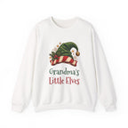 White Grandma's Little Elves sweatshirt with a green elf hat and holly, front view