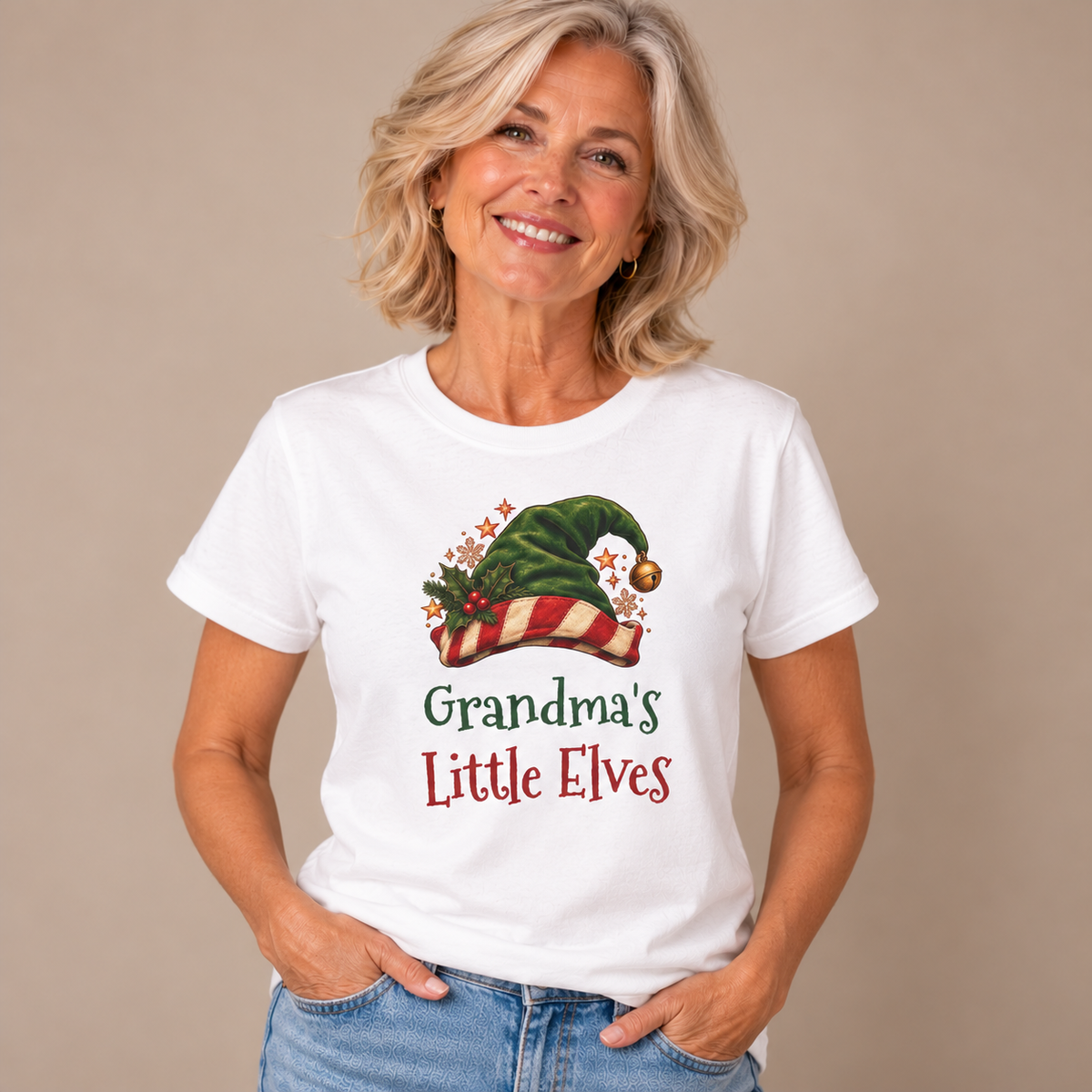 Grandmother wearing the White Grandma's Little Elves T-Shirt with jeans