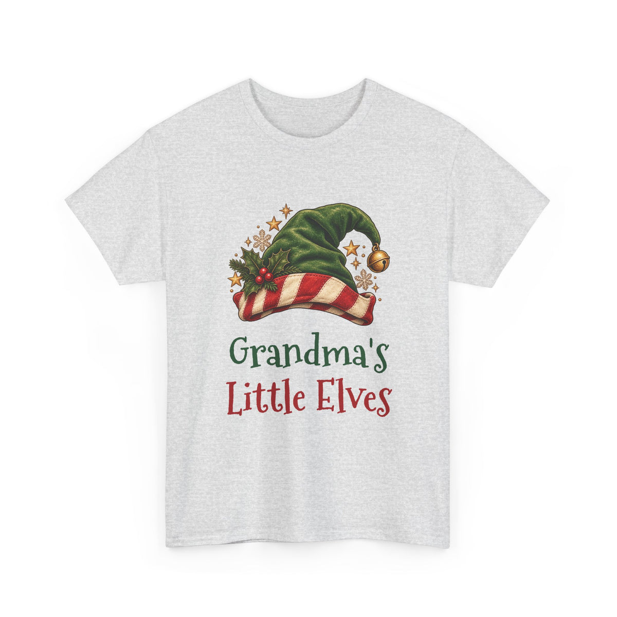 Ash Grandma's Little Elves t-shirt with a green elf hat and holly, front view