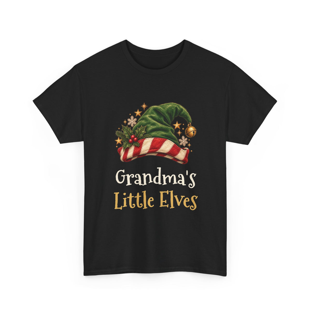 Black Grandma's Little Elves t-shirt with a green elf hat and holly, front view