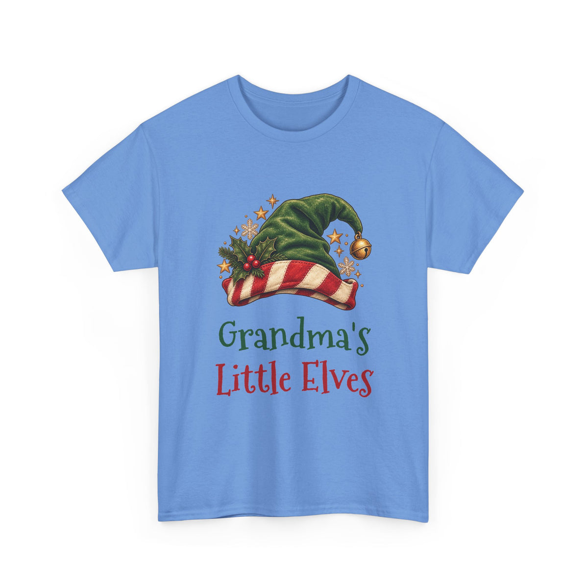 Carolina Blue Grandma's Little Elves t-shirt with a green elf hat and holly, front view