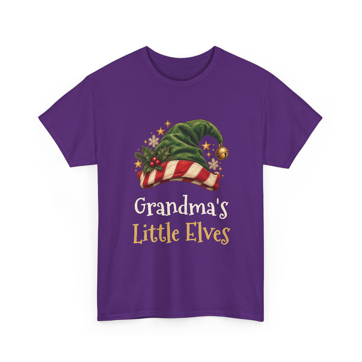 Purple Grandma's Little Elves t-shirt with a green elf hat and holly, front view