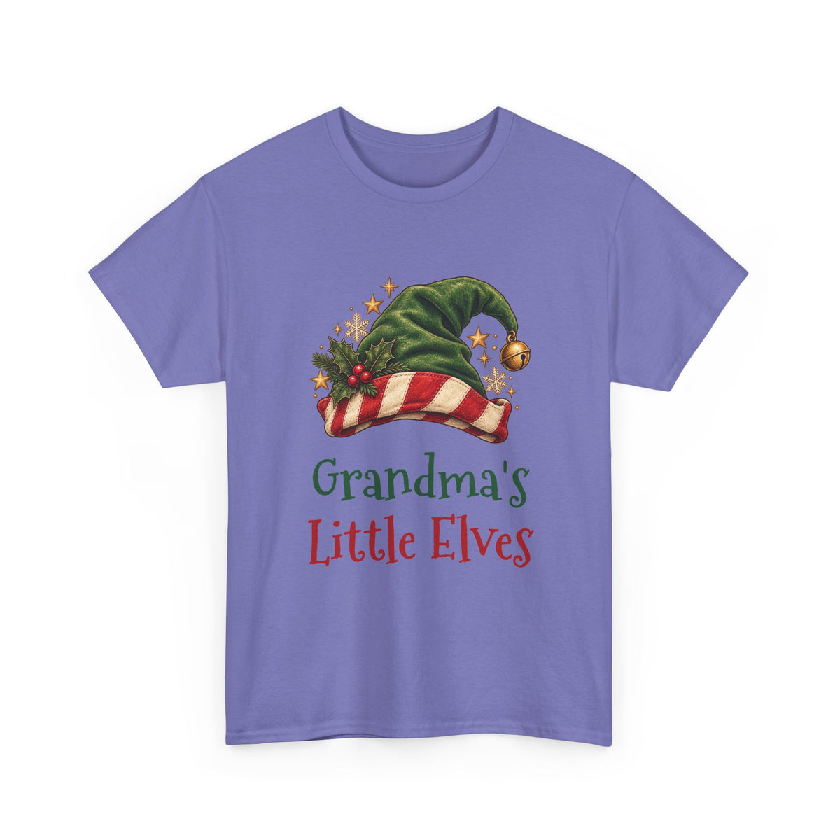 Violet Grandma's Little Elves t-shirt with a green elf hat and holly, front view