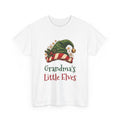 White Grandma's Little Elves t-shirt with a green elf hat and holly, front view