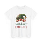 White Grandma's Little Elves t-shirt with a green elf hat and holly, front view