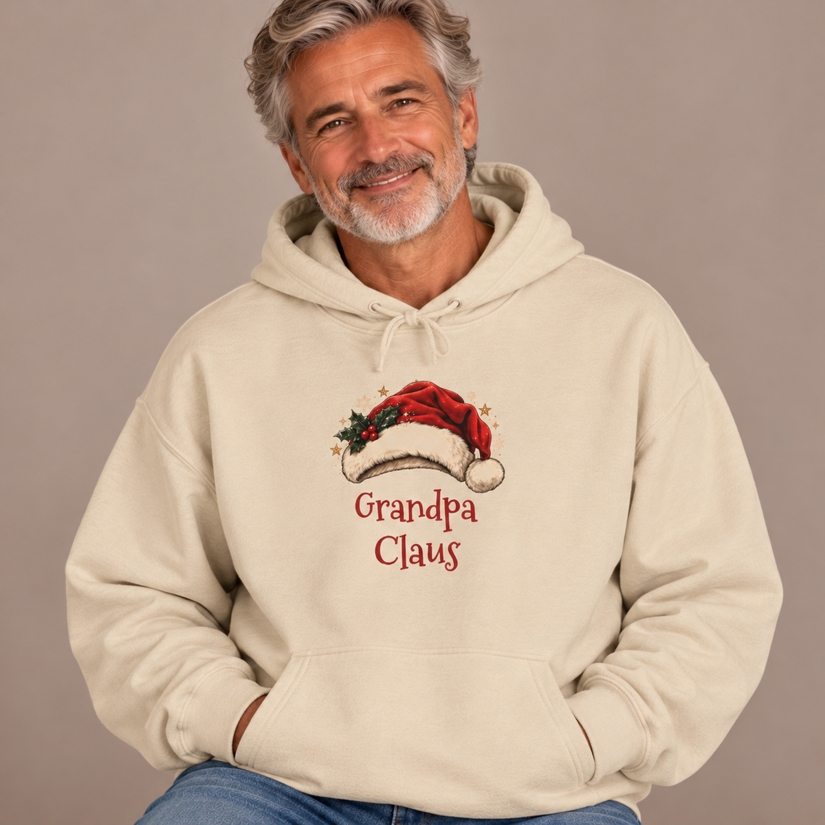 Man wearing the Sand Grandpa Claus Hoodie with jeans