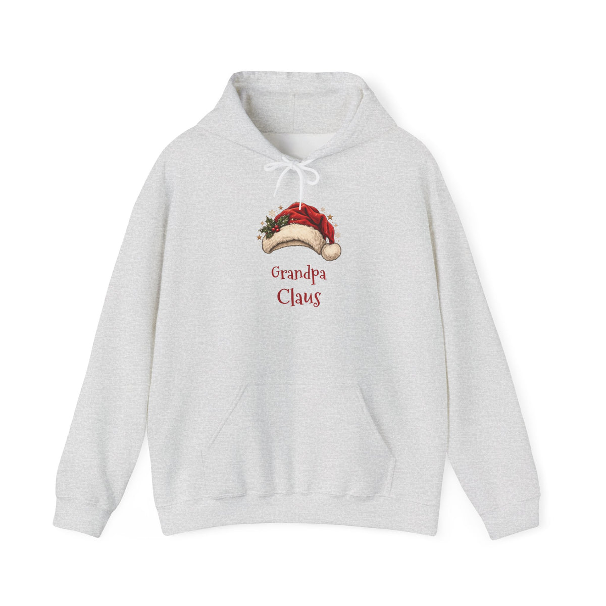 Ash Grandpa Claus hoodie with a red Santa hat and holly, front view