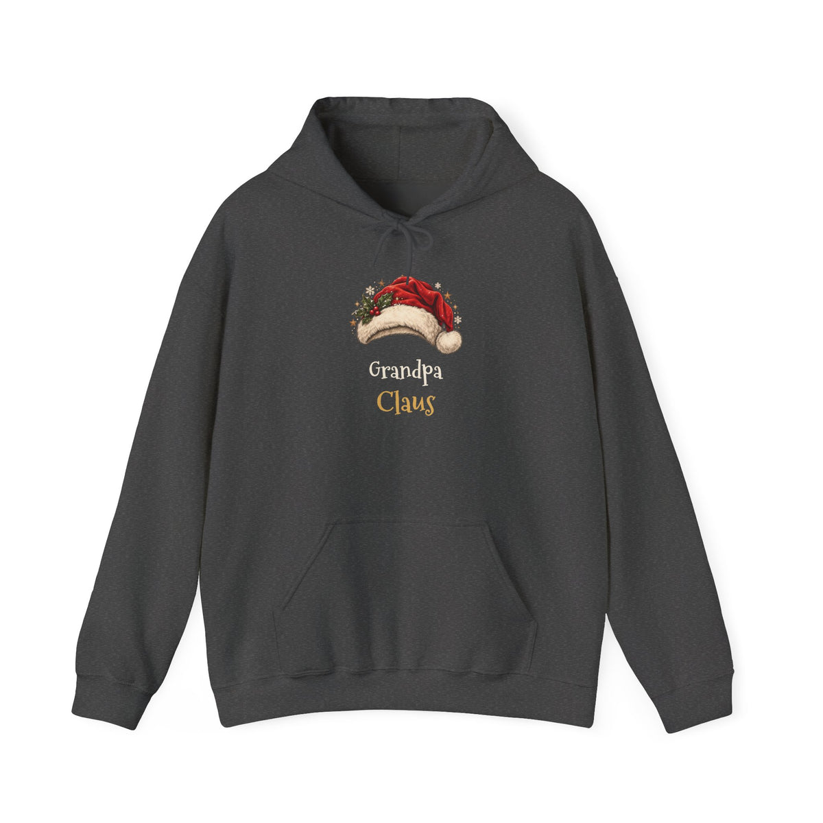 Dark Heather Grandpa Claus hoodie with a red Santa hat and holly, front view