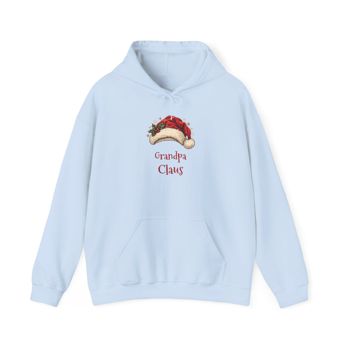 Light Blue Grandpa Claus hoodie with a red Santa hat and holly, front view