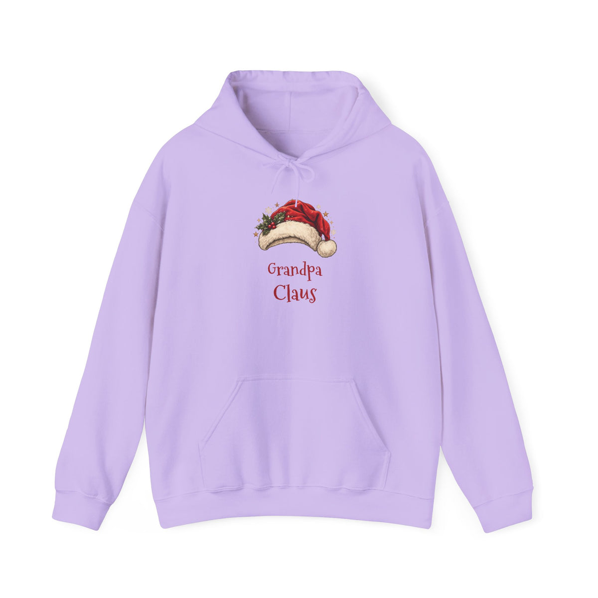 Orchid Grandpa Claus hoodie with a red Santa hat and holly, front view