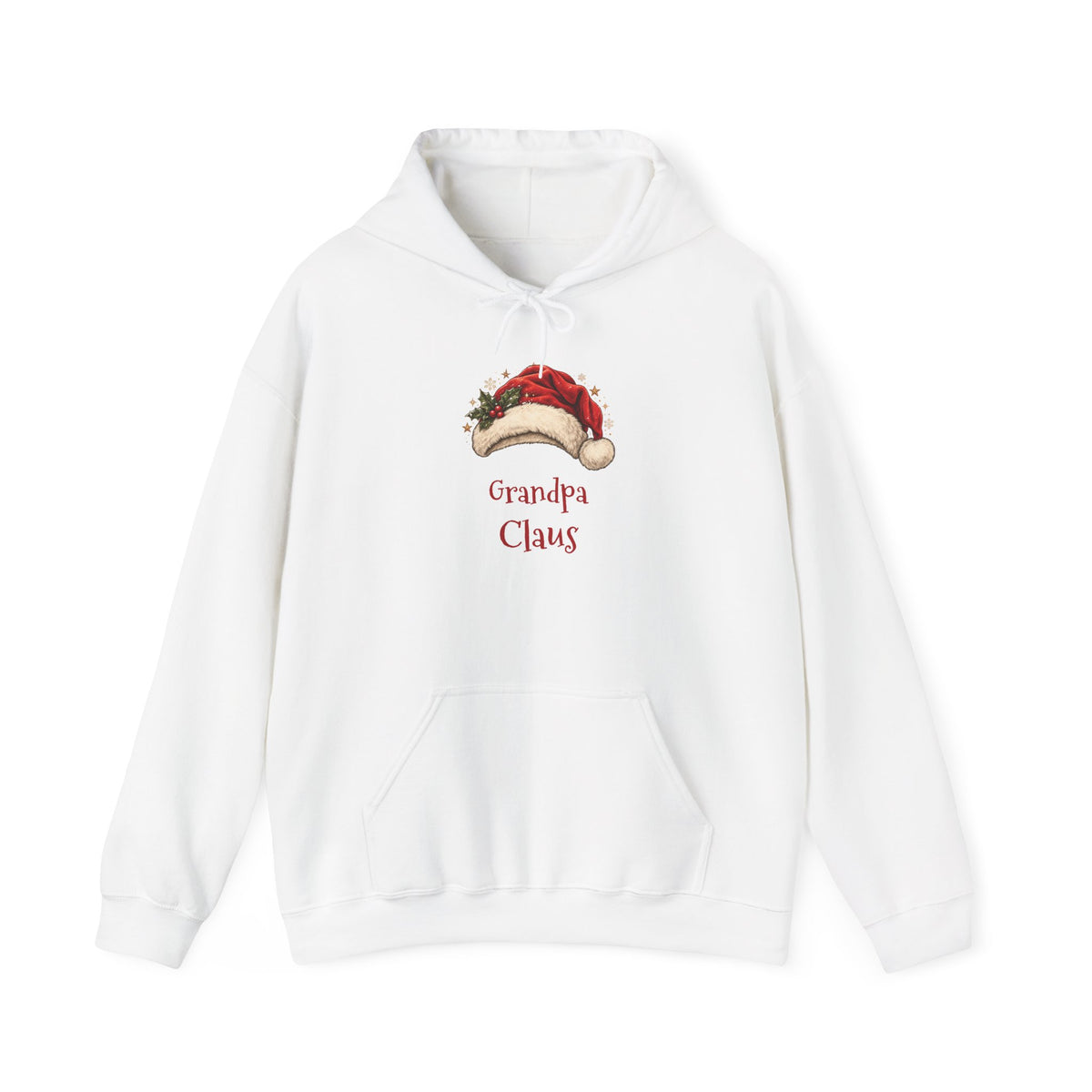 White Grandpa Claus hoodie with a red Santa hat and holly, front view
