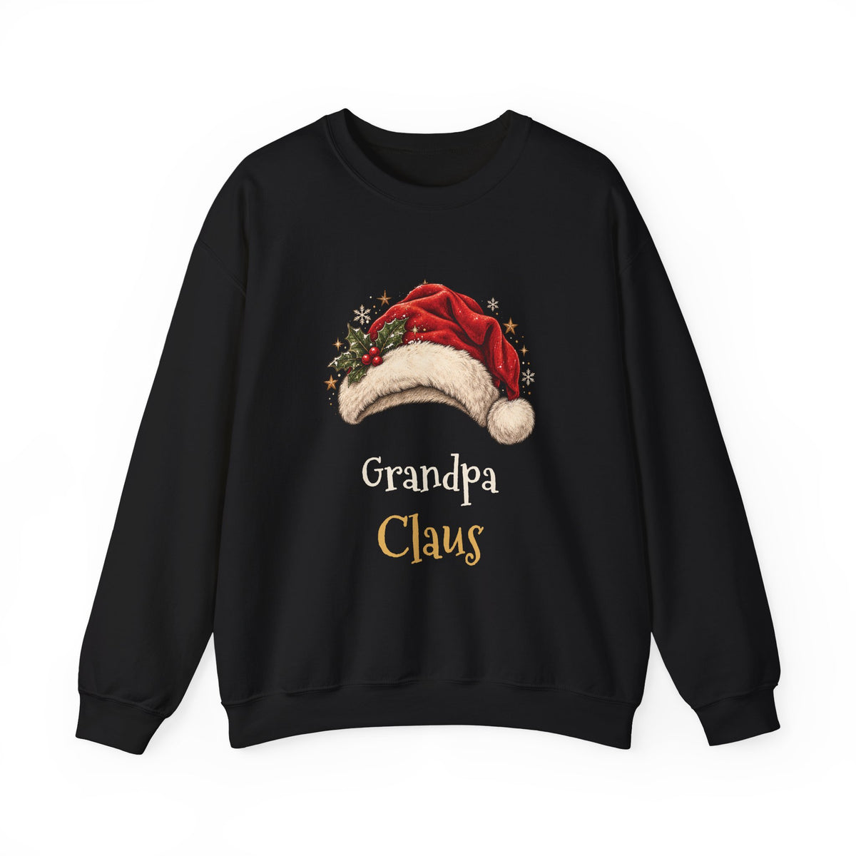 Black Grandpa Claus sweatshirt with a red Santa hat and holly, front view