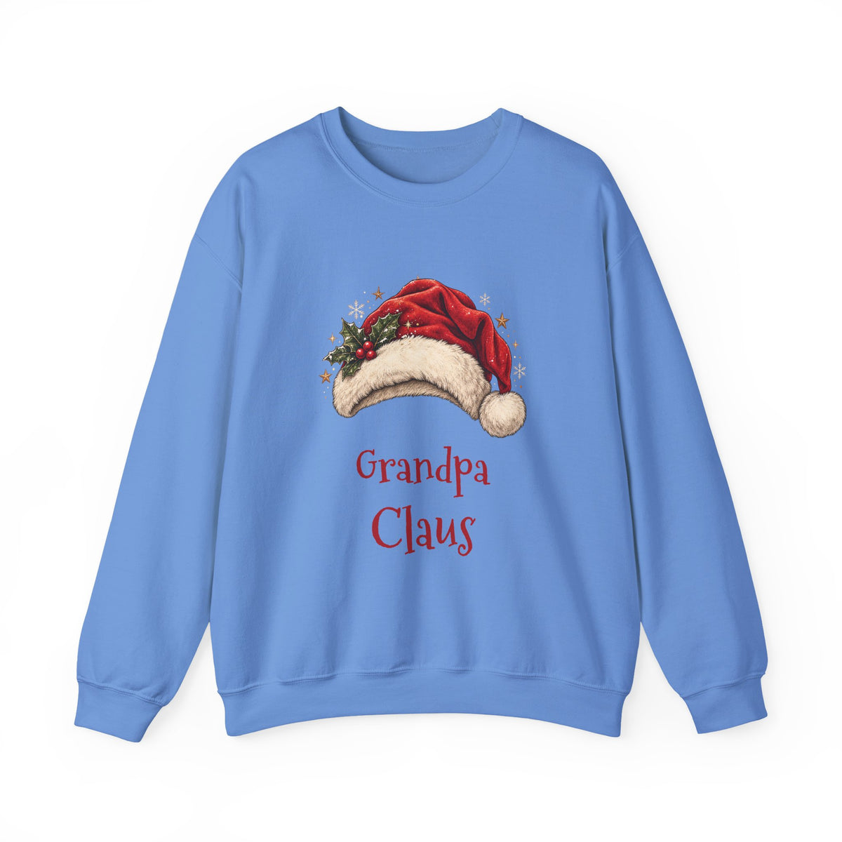Carolina Blue Grandpa Claus sweatshirt with a red Santa hat and holly, front view