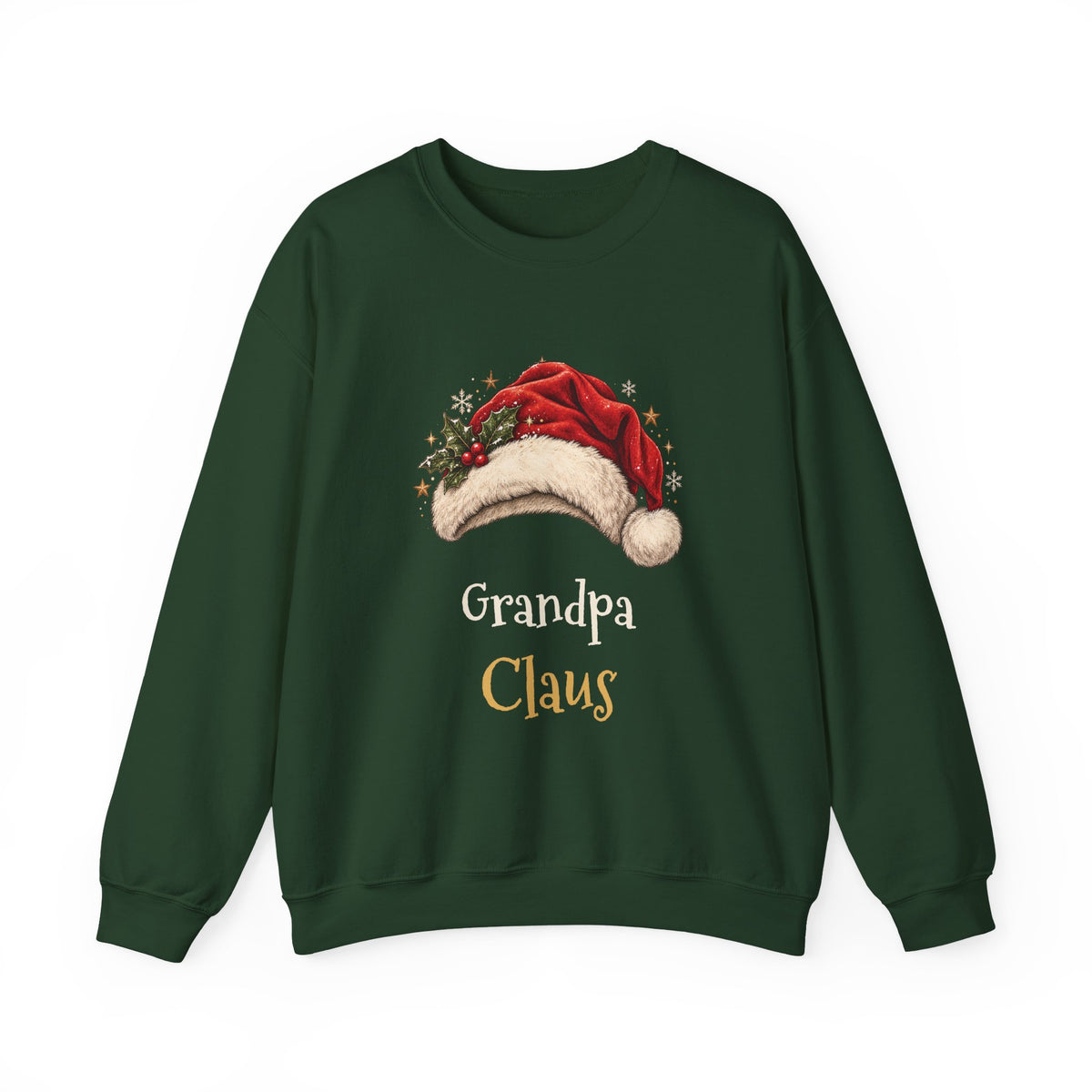 Forest Green Grandpa Claus sweatshirt with a red Santa hat and holly, front view