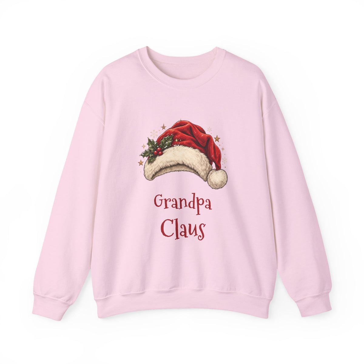 Light Pink Grandpa Claus sweatshirt with a red Santa hat and holly, front view