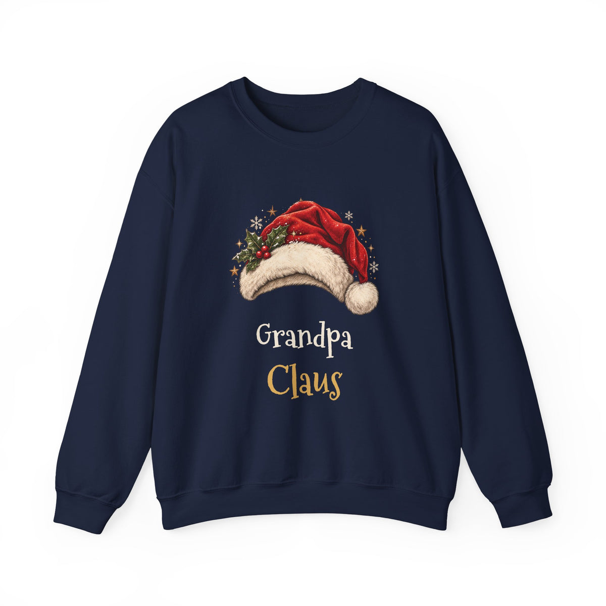 Navy Grandpa Claus sweatshirt with a red Santa hat and holly, front view