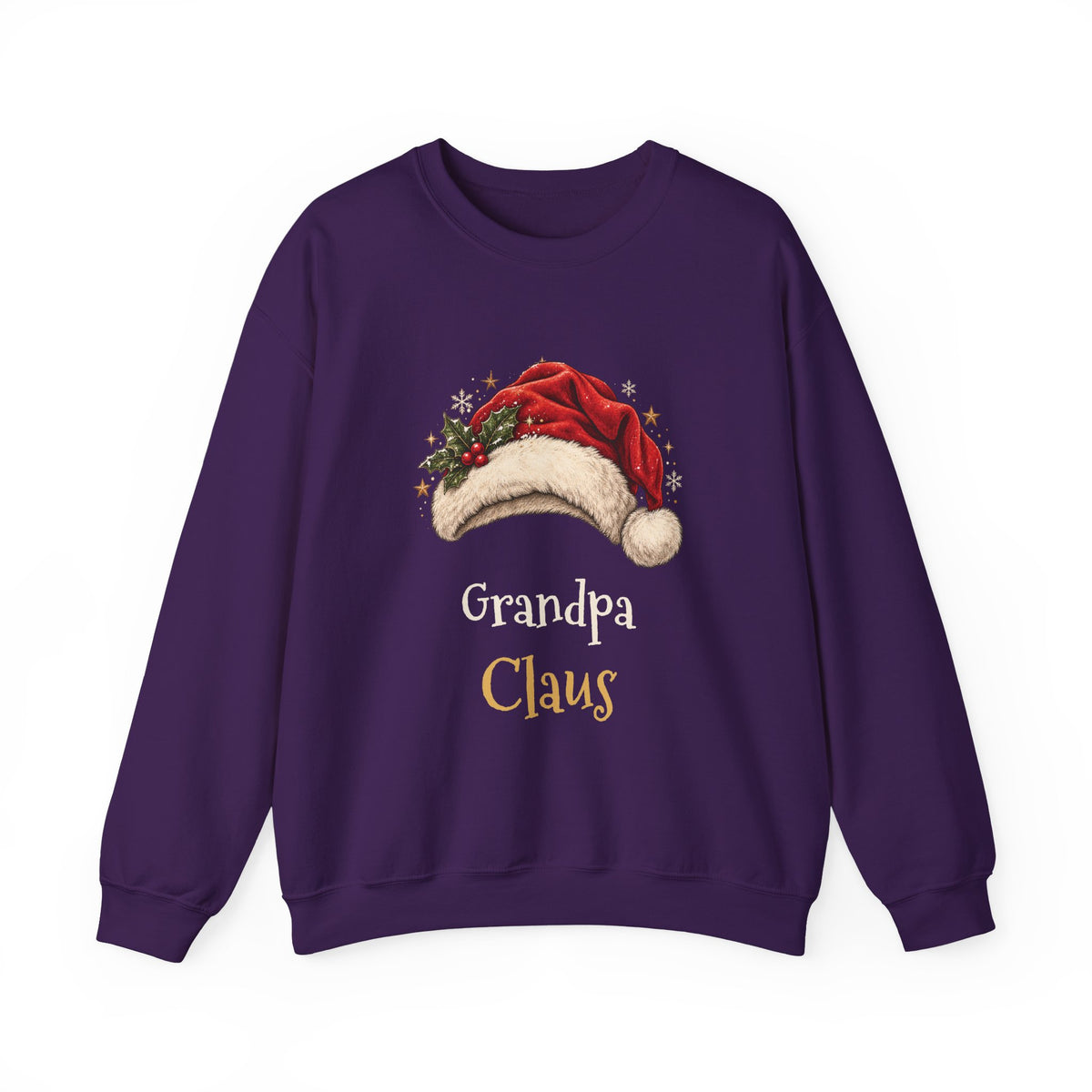 Purple Grandpa Claus sweatshirt with a red Santa hat and holly, front view