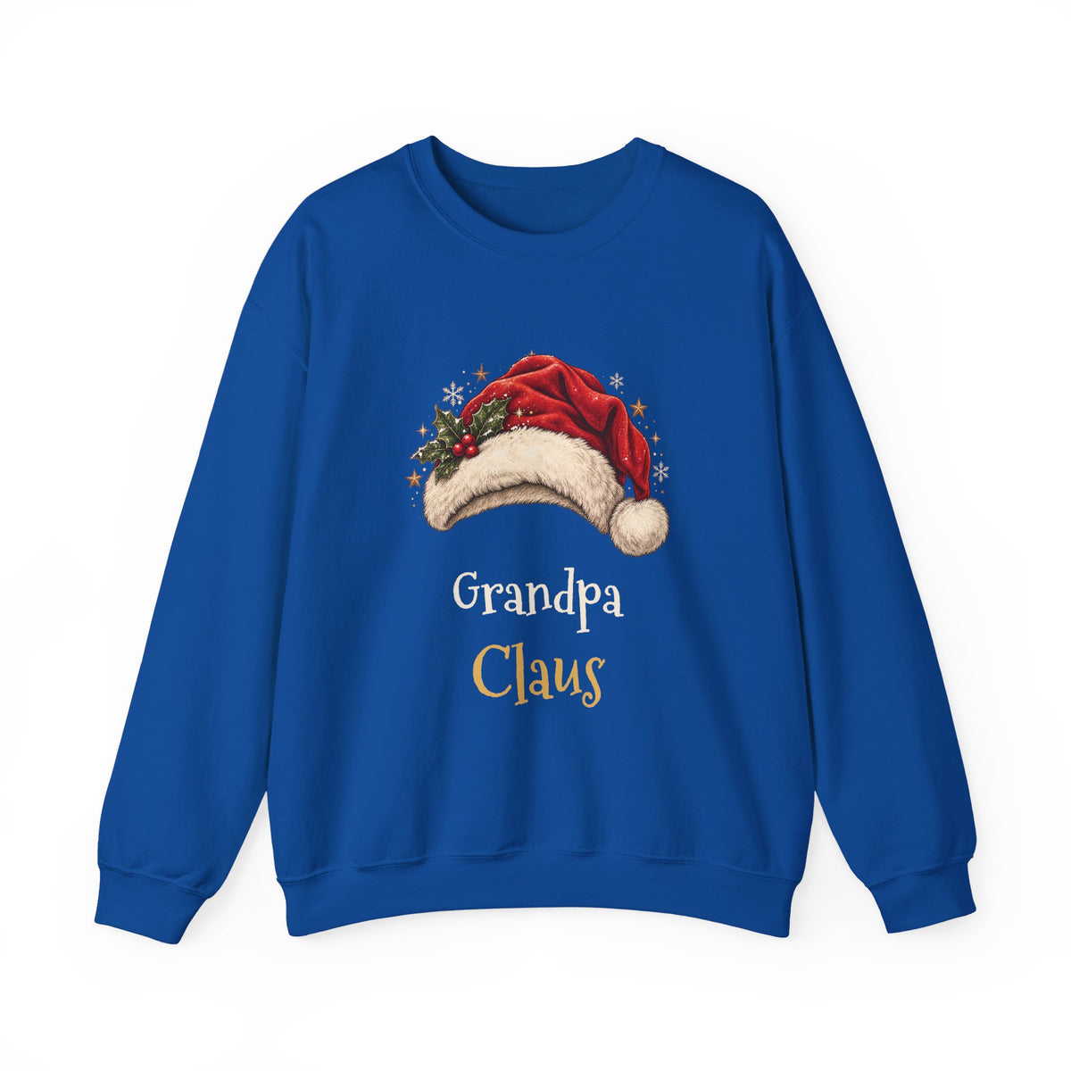 Royal Grandpa Claus sweatshirt with a red Santa hat and holly, front view