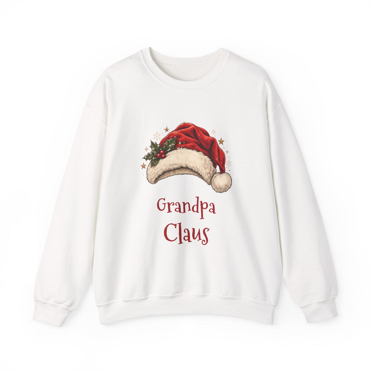 White Grandpa Claus sweatshirt with a red Santa hat and holly, front view