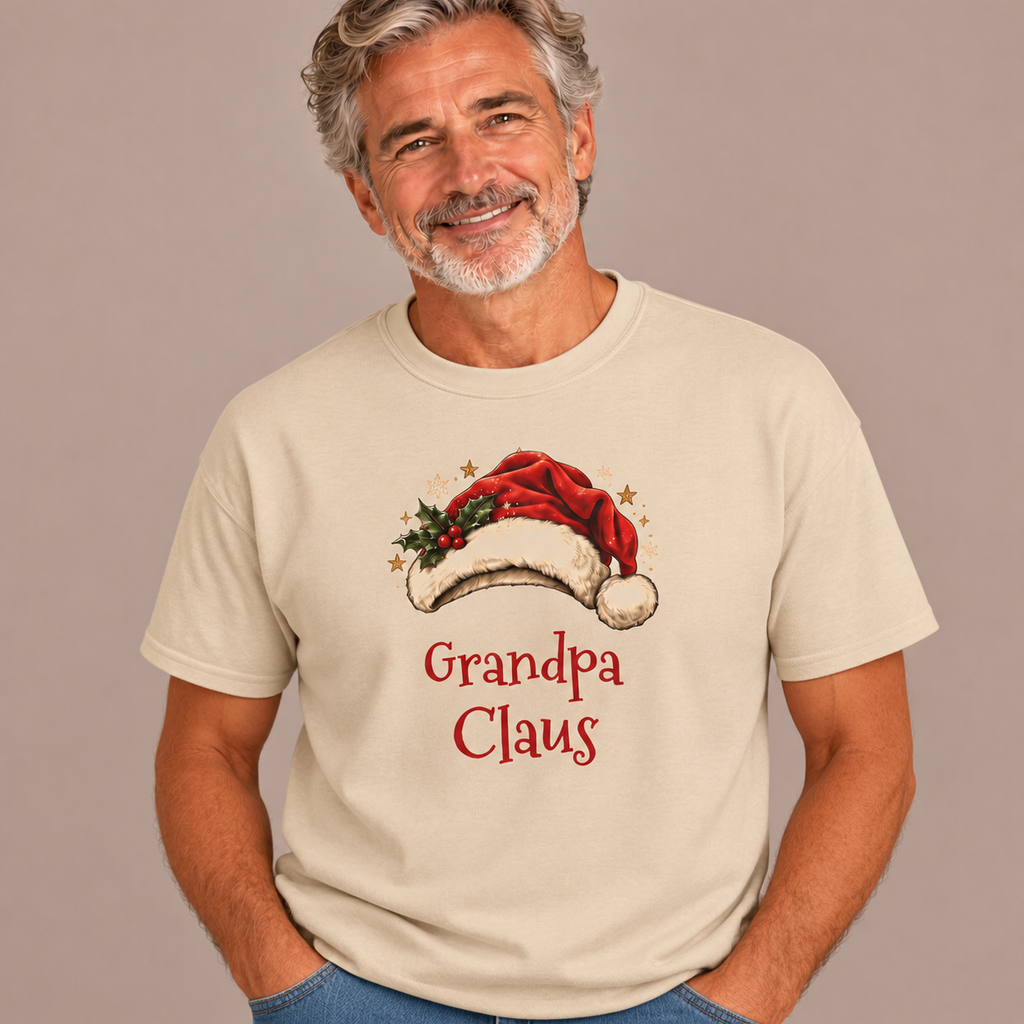 Man wearing the Sand Grandpa Claus T-Shirt with jeans